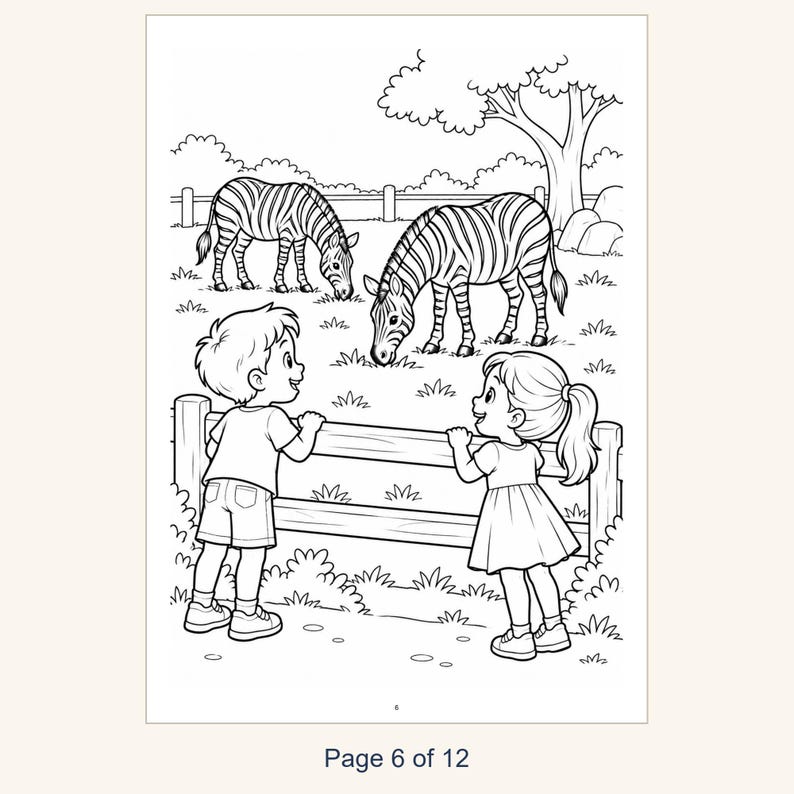 May include: A black and white coloring page illustration featuring two zebras grazing in a grassy field behind a wooden fence, while a young child in a t-shirt and shorts and another child in a dress watch them from the other side.