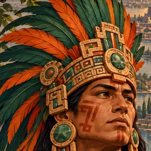 May include: A person wearing an elaborate headdress featuring vibrant orange and dark green feathers, accented by a tan stone-like crown with geometric carvings and circular green gemstone inlays, plus matching circular earrings.