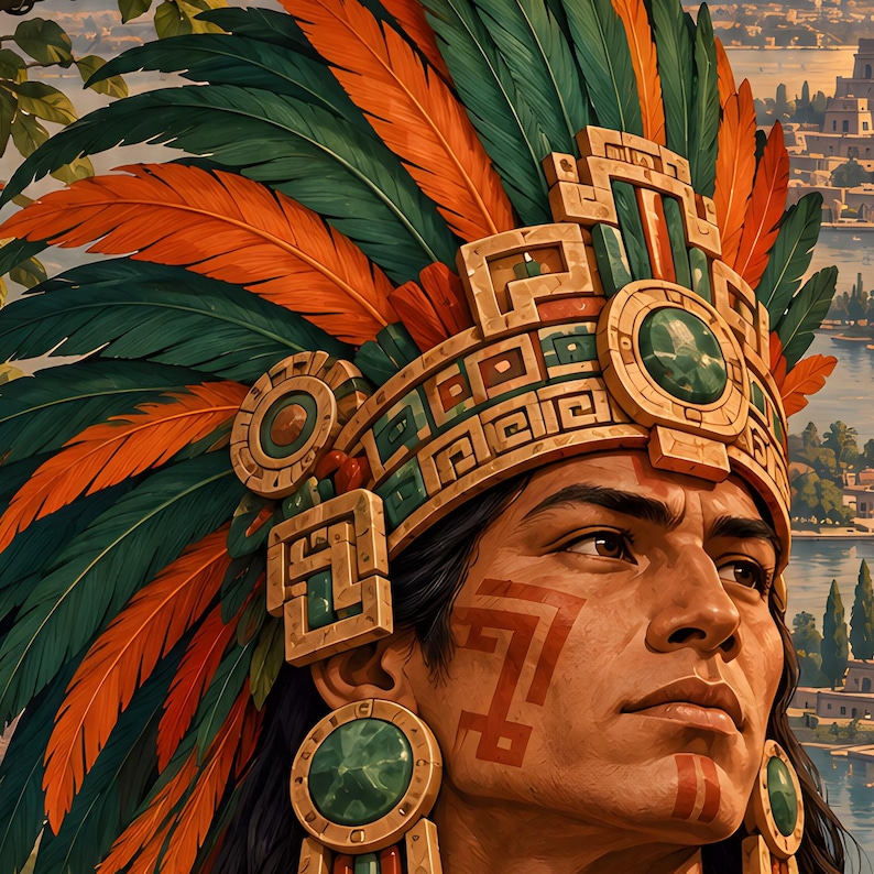 May include: A person wearing an elaborate headdress featuring vibrant orange and dark green feathers, accented by a tan stone-like crown with geometric carvings and circular green gemstone inlays, plus matching circular earrings.
