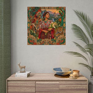 Mayan Wall Art Fine Art Giclée Print, Jaguar Warrior and Quetzal, Guatemala Wall Art, Latin American Art Square Poster image 8