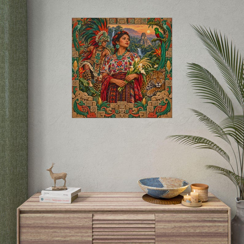 Mayan Wall Art Fine Art Giclée Print, Jaguar Warrior and Quetzal, Guatemala Wall Art, Latin American Art Square Poster image 8