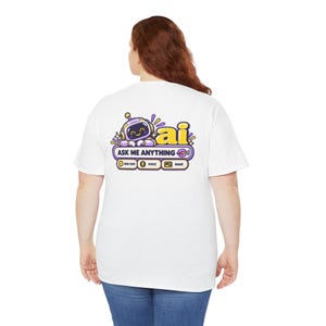 Funny AI Robot Chat T-Shirt, Curly Hair Woman, Purple Chat Box (100% Cotton) image 14