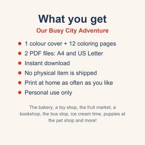 Puede incluir: Un libro de colorear digital titulado Our Busy City Adventure con 1 portada y 12 p&aacute;ginas. Incluye archivos PDF en formato A4 y US Letter para descarga instant&aacute;nea. Las escenas incluyen una panader&iacute;a, jugueter&iacute;a, mercado de frutas y m&aacute;s.