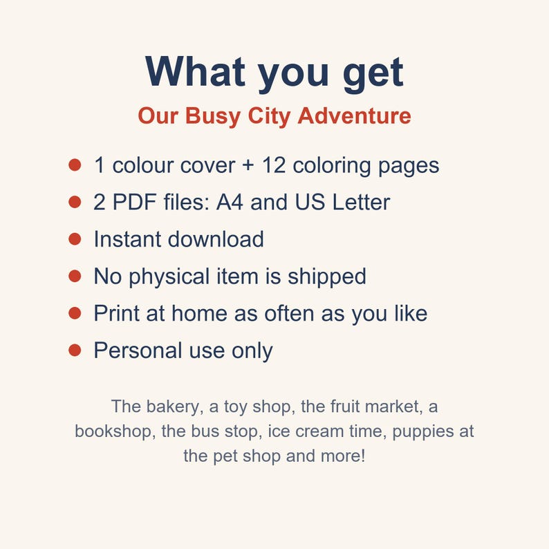 Puede incluir: Un libro de colorear digital titulado Our Busy City Adventure con 1 portada y 12 p&aacute;ginas. Incluye archivos PDF en formato A4 y US Letter para descarga instant&aacute;nea. Las escenas incluyen una panader&iacute;a, jugueter&iacute;a, mercado de frutas y m&aacute;s.