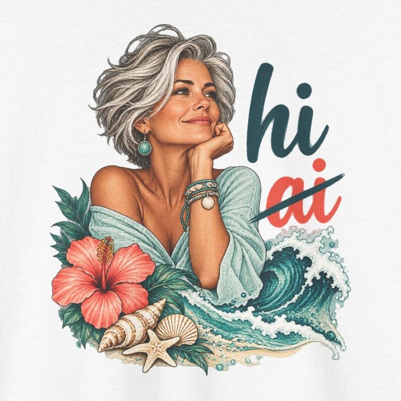 Camiseta playera para mujer de cabello plateado, ola de hibisco tropical, camiseta humana, no de IA. imagen 1
