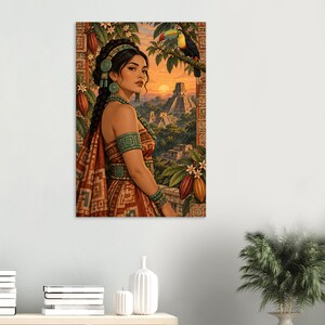 Mayan woman with a toucan and jungle pyramid at sunset, matte poster. A vertical wall art print featuring a person with dark braided hair wearing turquoise jewellery and a patterned garment.