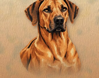 May include: A digital illustration of a Rhodesian Ridgeback dog with a tan coat and dark muzzle, set against a textured light brown background. The text Rhodesian Ridgeback appears at the top, and the text LOVEU with a red heart is at the bottom.
