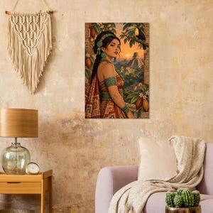 Mayan woman with a toucan and jungle pyramid at sunset, matte poster.