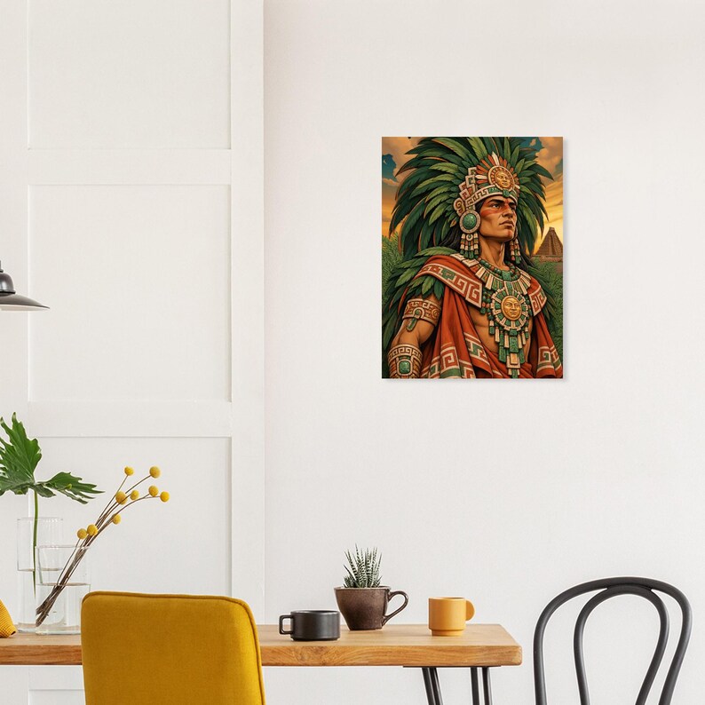 Aztec warrior with green feather headdress, matte poster.