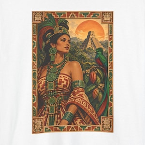 Maya woman and quetzal shirt, Maya woman before a stepped pyramid with a quetzal on a cacao branch, front print of the t-shirt. A white t-shirt featuring a rectangular graphic of a person wearing an elaborate headdress and jade-coloured jewellery.
