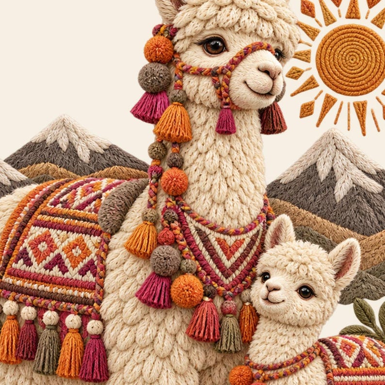 May include: A textured embroidery art piece featuring a large cream-colored llama and a smaller llama, both adorned with colorful pom-poms and tassels. The scene includes a stitched sun and mountain peaks in shades of brown, orange, and red.