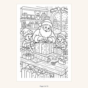 May include: A black and white coloring page illustration featuring Santa Claus and two elves wrapping gifts at a wooden table. The scene includes shelves with toys, a window with a snowy landscape, gift boxes, scissors, and tape.