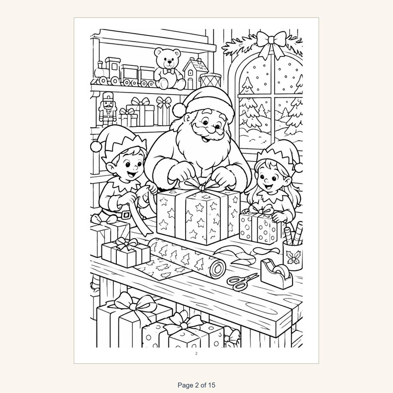 May include: A black and white coloring page illustration featuring Santa Claus and two elves wrapping gifts at a wooden table. The scene includes shelves with toys, a window with a snowy landscape, gift boxes, scissors, and tape.