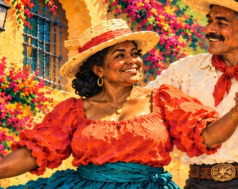 Druckbares Wandbild „Tanzendes Paar im Folklorico-Stil“, digitaler Download im Ölgemälde-Stil, türkisfarbener Rock und korallenfarbene Bluse, mexikanischer Volkskunstdruck