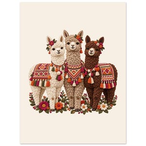 Three Alpacas Poster, Peruvian Folk Art Print, Llama Lover Gift, Andean Wall Decor image 1