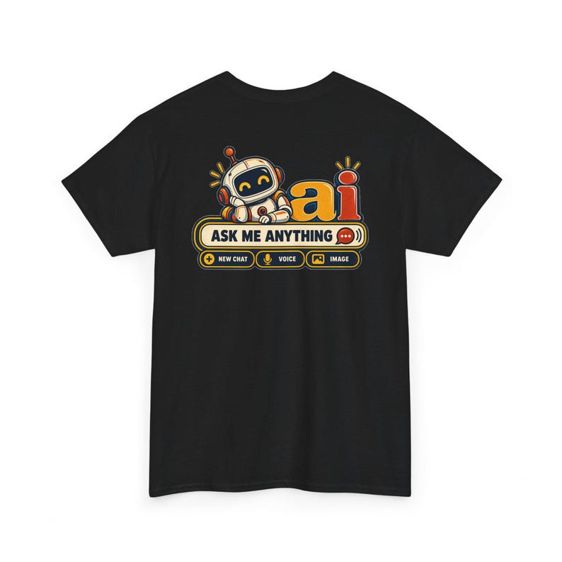 Camiseta divertida anti-IA, mujer de pelo plateado con caja de chat, estampado de robot en la espalda (100% algodón) imagen 13