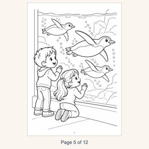 May include: A black and white coloring page illustration featuring two children looking through a large glass aquarium window at three swimming penguins surrounded by bubbles and rocky underwater terrain. The text Page 5 of 12 is visible.