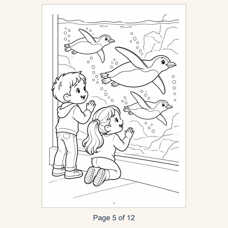 May include: A black and white coloring page illustration featuring two children looking through a large glass aquarium window at three swimming penguins surrounded by bubbles and rocky underwater terrain. The text Page 5 of 12 is visible.