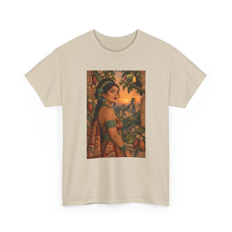 Mayan Woman T-Shirt with Toucan and Sunset Pyramid, Latina Graphic Tee for Women, Guatemala Mexico Art Shirt, Tropical Bird Heritage Gift image 4