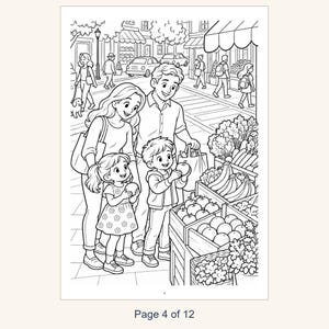 Puede incluir: Una p&aacute;gina para colorear en blanco y negro que muestra a una familia de cuatro personas comprando en un mercado de productos frescos. La escena representa a dos adultos y dos ni&ntilde;os examinando frutas y verduras en cajas.