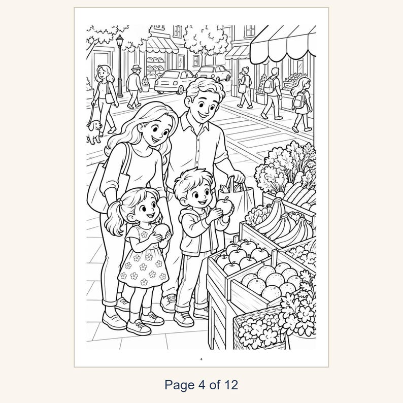 Puede incluir: Una p&aacute;gina para colorear en blanco y negro que muestra a una familia de cuatro personas comprando en un mercado de productos frescos. La escena representa a dos adultos y dos ni&ntilde;os examinando frutas y verduras en cajas.