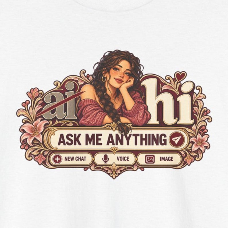 Pink Floral Braid Chat Tee, Ask Me Anything, Anti AI T-Shirt (Front & Back Print) image 1