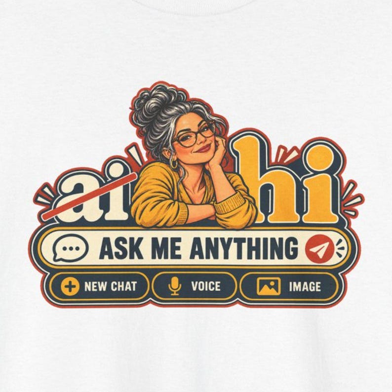 Camiseta divertida anti-IA, mujer de pelo plateado con caja de chat, estampado de robot en la espalda (100% algodón) imagen 1