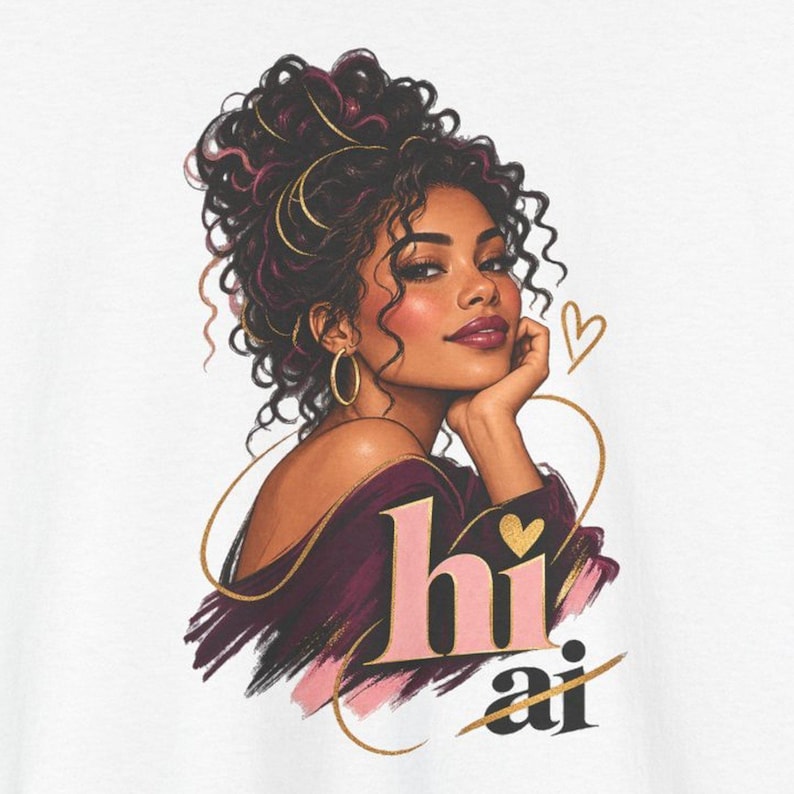 Hi Not AI Shirt, Glam Curly Hair Woman Portrait Tee, Anti-AI Gift for Her image 1