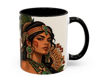 Mayan Woman Portrait Coffee Mug with Jade Headband and Feathers, Latina Mug, Mexican Mug with Black Red or Navy Inside, Gift for Her