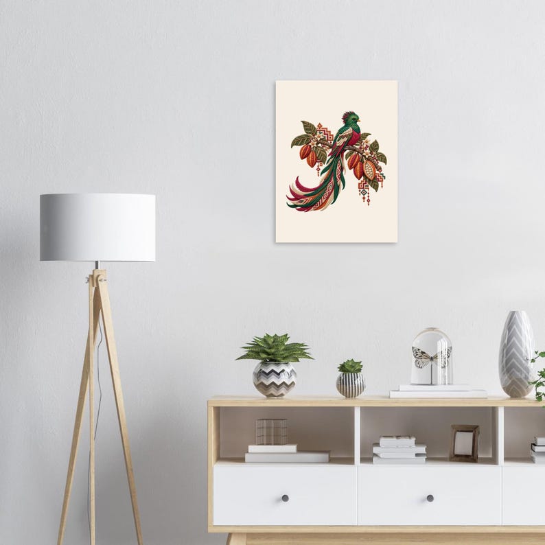 Resplendent Quetzal Poster, Guatemala Folk Art Print, Bird and Cacao Wall Decor image 7