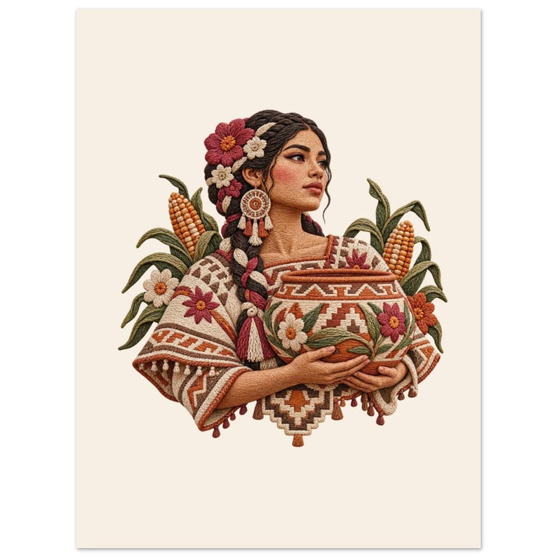 Latin American Folk Art Print, Woman with Corn Harvest Poster, Kitchen Wall Decor image 2