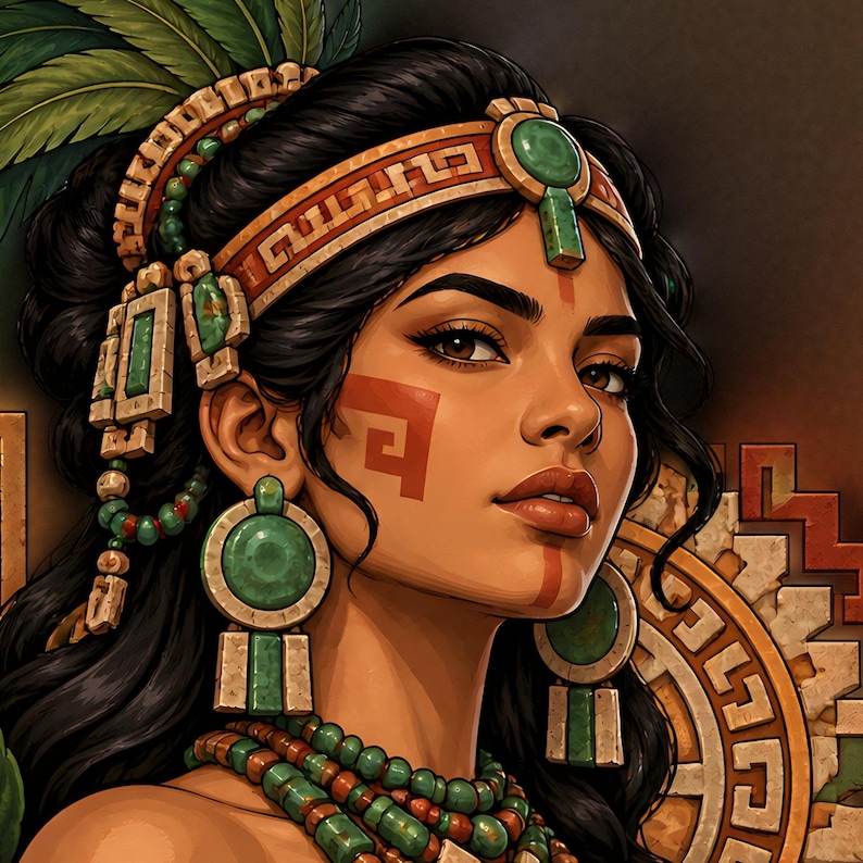 May include: A portrait of a person with dark hair wearing an ornate headband featuring green stone inlays and geometric patterns. They have large circular green stone earrings, layered bead necklaces, and red facial markings on the cheek and chin.
