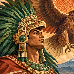 May include: A person wearing an elaborate headdress with long green feathers and gold-toned geometric ornaments, paired with a matching collar. A large brown eagle with spread wings is positioned behind the figure against a sunlit sky.