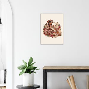 Andean spinner with alpaca and yarn baskets, folk art poster. A wall art print featuring an illustration of a person wearing a patterned hat and poncho, knitting with white yarn next to a white llama.