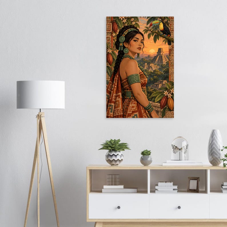 Mayan woman with a toucan and jungle pyramid at sunset, matte poster. A vertical wall art print featuring a person with dark braided hair wearing patterned clothing and turquoise jewellery.