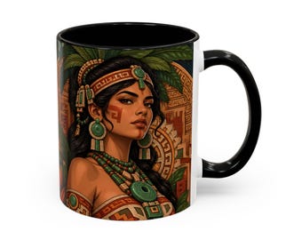 Mayan Woman Coffee Mug with Jade Jewelry and Cacao Pods, Latina Mug, Mexican Mug with Black Red or Navy Inside, Mayan Art Gift for Her