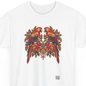 Scarlet macaw shirt, Pair of scarlet macaws above hibiscus flowers in folk art style, front print of the t-shirt.