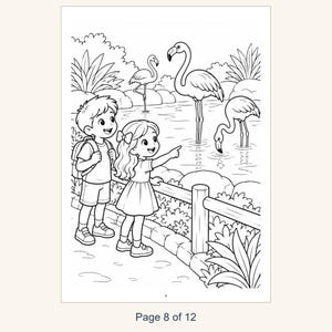 May include: A black and white coloring page illustration featuring two children standing by a wooden fence, observing three flamingos in a pond. The scene includes lush foliage, rocks, and the text Page 8 of 12 at the bottom.