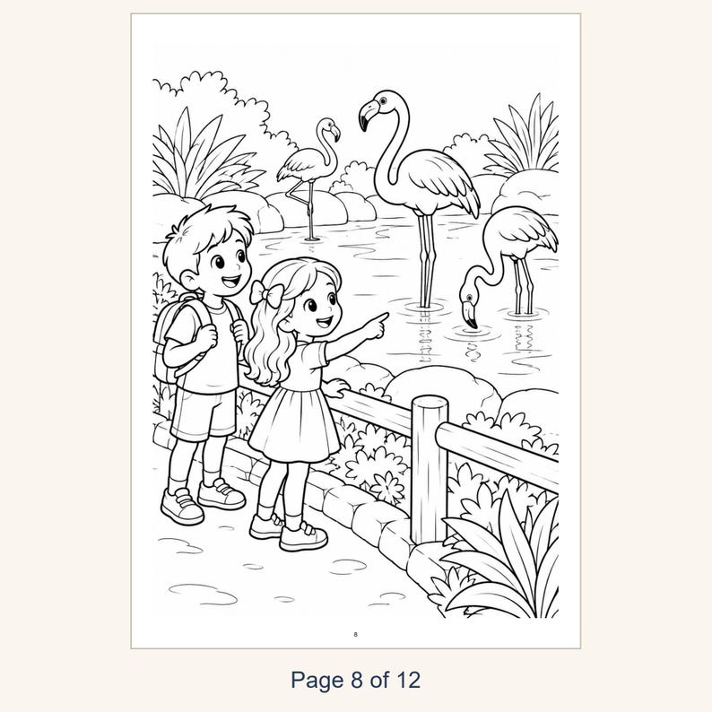 May include: A black and white coloring page illustration featuring two children standing by a wooden fence, observing three flamingos in a pond. The scene includes lush foliage, rocks, and the text Page 8 of 12 at the bottom.