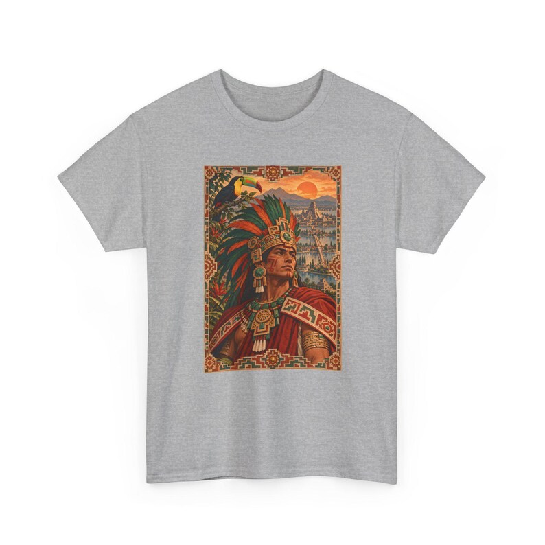 Aztec Warrior T-Shirt with Toucan and Tenochtitlan City, Mexican Heritage Graphic Tee, Chicano Art Shirt, Aztec History Gift for Dad image 5