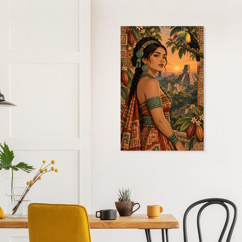 Mayan woman with a toucan and jungle pyramid at sunset, matte poster. A vertical wall art print featuring a person with dark braided hair wearing turquoise jewellery and a patterned brown garment.
