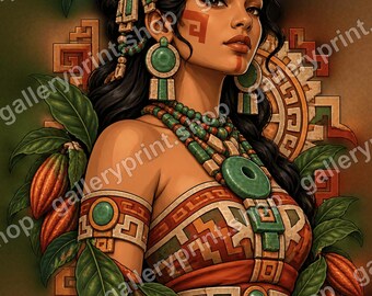 Printable Mayan Woman Portrait, Jade Jewelry and Cacao Pods Digital Download, Mayan Wall Art, Mexican Art Print, Latina Wall Decor Gift
