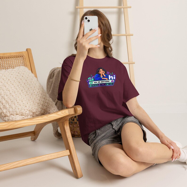 Anti AI Chat Box Tee, Neon Robot Back Print, Funny Gift for Her image 5