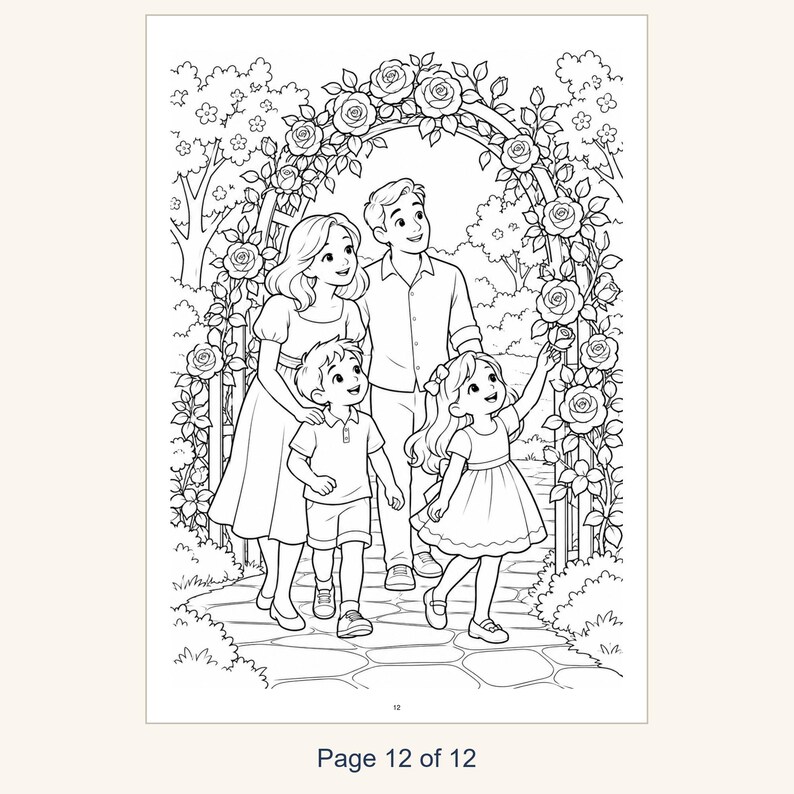 May include: A black and white coloring page illustration featuring a family of four standing under a rose-covered garden archway. The scene depicts two adults and two children on a stone path, with the young girl reaching up to touch a rose.