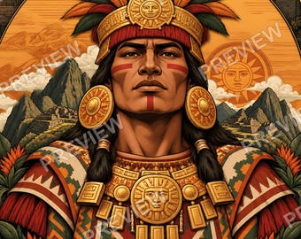 Drukowana sztuka ścienna Inków, Król Inków w złotej koronie słonecznej do pobrania w wersji cyfrowej, Peruwiański wydruk artystyczny, Wystrój Machu Picchu w Andach, Peruwiański prezent dla niego