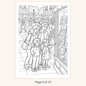 Puede incluir: Una p&aacute;gina para colorear en blanco y negro que muestra a una familia de cuatro personas en una acera, mirando un escaparate lleno de libros ilustrados. Los libros muestran dibujos de un gato, un castillo, un cohete y una ballena.