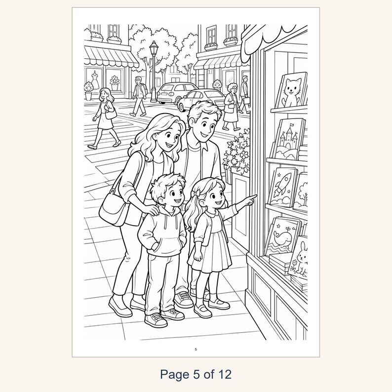 Puede incluir: Una p&aacute;gina para colorear en blanco y negro que muestra a una familia de cuatro personas en una acera, mirando un escaparate lleno de libros ilustrados. Los libros muestran dibujos de un gato, un castillo, un cohete y una ballena.