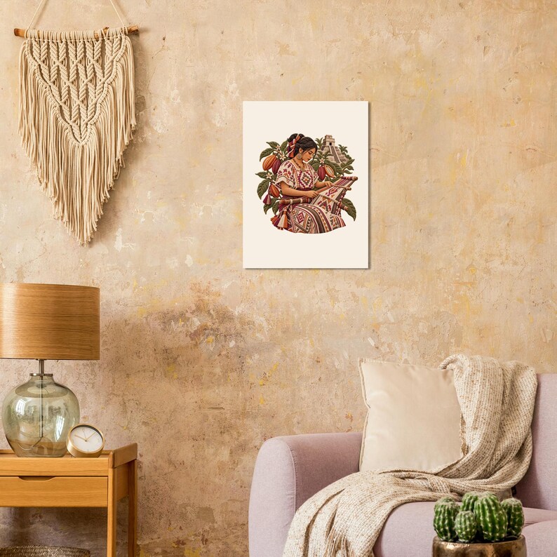 Mayan woman weaving on a backstrap loom by a pyramid, folk art poster. A rectangular wall art print featuring an illustration of a person wearing a patterned white and red garment, weaving on a loom.