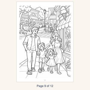Puede incluir: Una p&aacute;gina para colorear en blanco y negro que muestra a una familia de cuatro personas caminando por una calle frente a una helader&iacute;a. La escena incluye escaparates, coches, peatones y un letrero de helado. El n&uacute;mero 9 aparece abajo al centro.