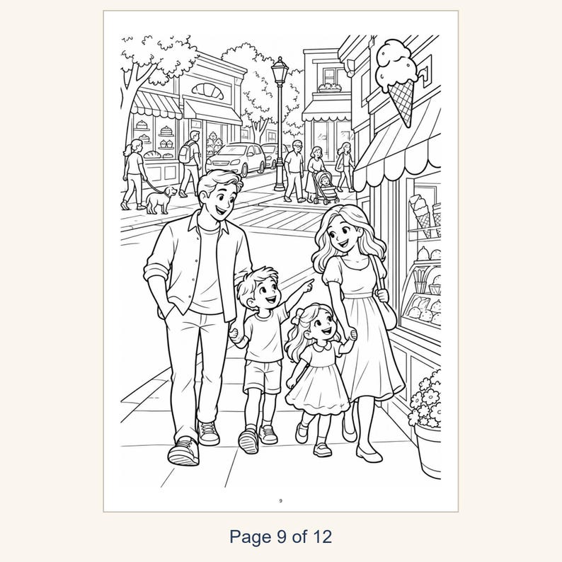 Puede incluir: Una p&aacute;gina para colorear en blanco y negro que muestra a una familia de cuatro personas caminando por una calle frente a una helader&iacute;a. La escena incluye escaparates, coches, peatones y un letrero de helado. El n&uacute;mero 9 aparece abajo al centro.